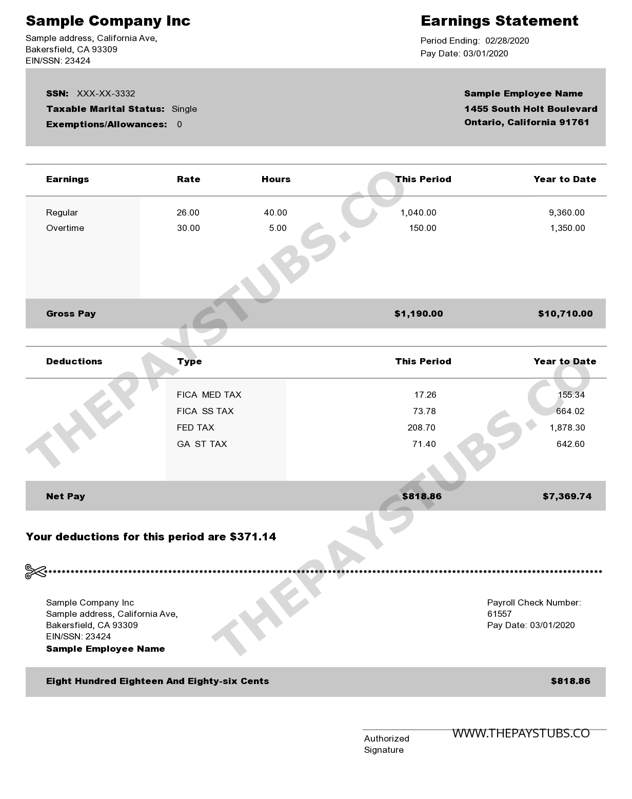 New advance pay stub template full page